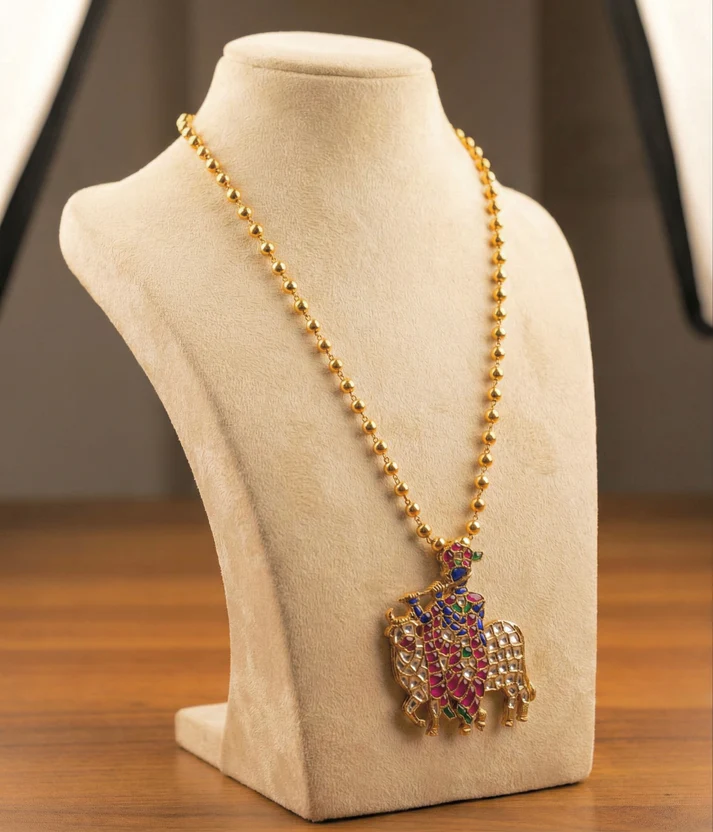 Gold tone Pink & Blue Green Kundan Jadau Shri Krishna Pendant set